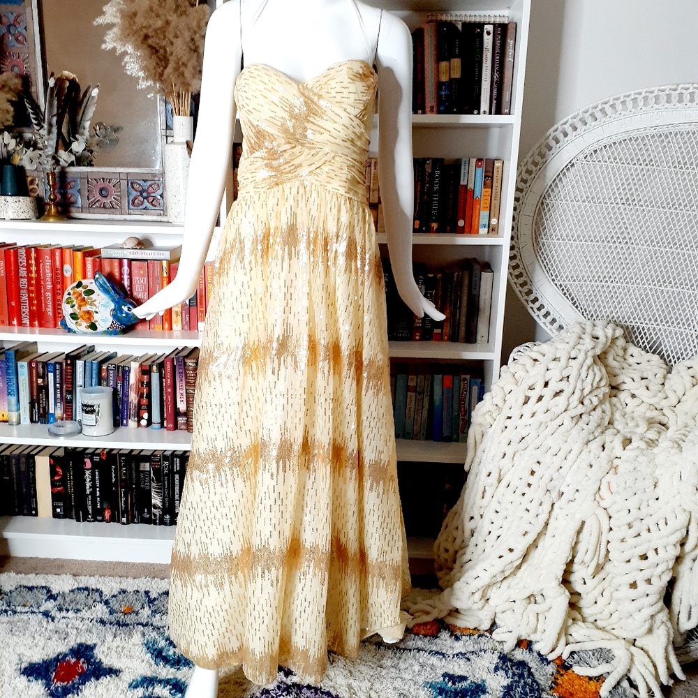 Roberta Gold Sequins Strapless Prom Maxi Dress